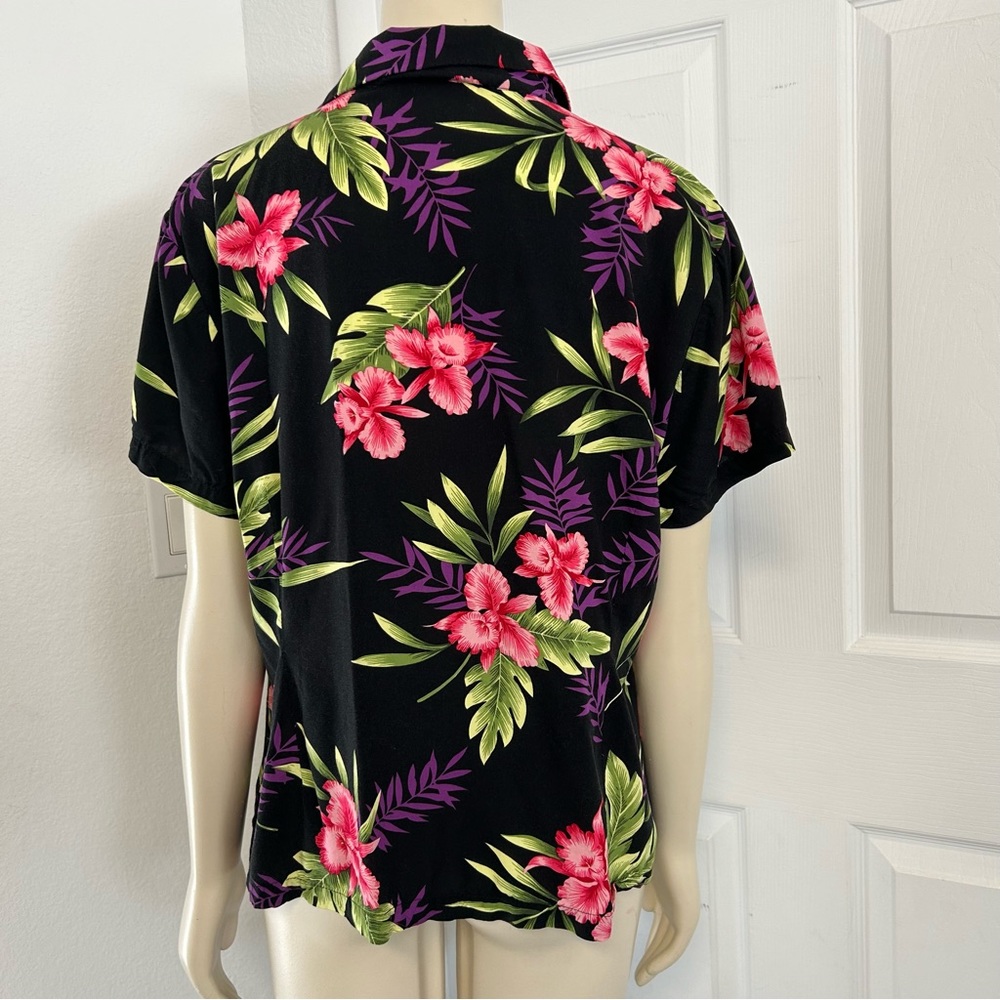Two Palms Hawaii Aloha Hibiscus Button Shirt Womens Large‎ Black Pink - Picture 3 of 8
